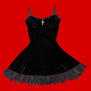 Black gothic velvet dress with lace trim and cross detail